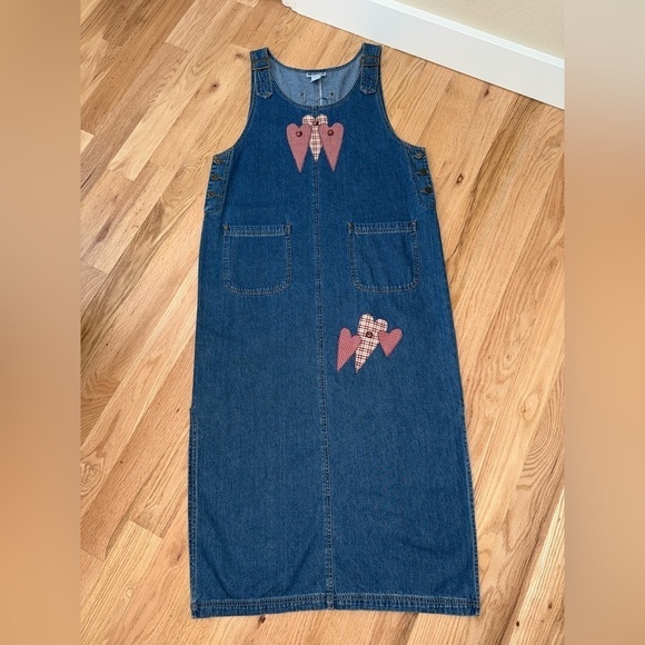 Vintage Haik's Denim Modest Patchwork Hearts Maxi Dress Buckle Straps Sz Large - Picture 8 of 14